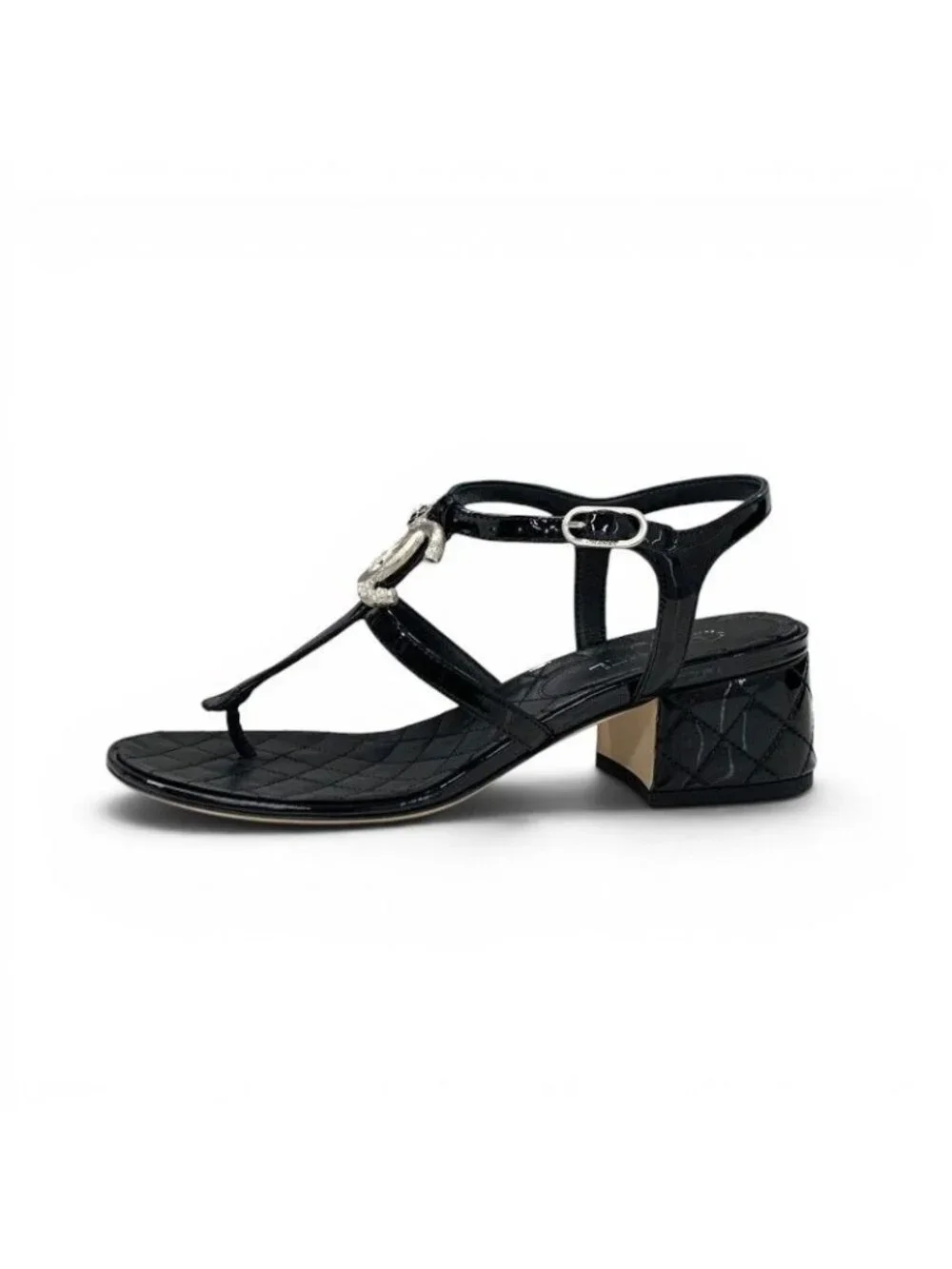 Chanel Sandals Shoes Patent Black Silver CC Logo Camellia Strap Thong